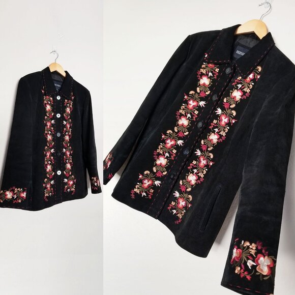 Bernardo Jackets & Blazers - Bernardo Women's XL Suede Genuine Leather Floral Embroidered Jacket Coat Black